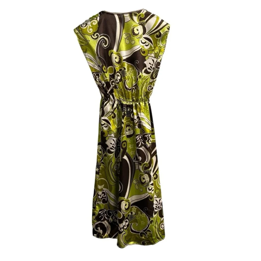 Vintage Y2K Johann Dress Green Brown Satin Babydoll Deep‎ V Size S/M Retro 70s